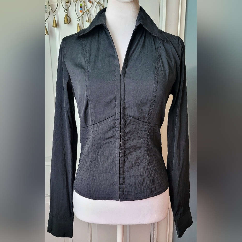 Y2K Vintage Charlotte Russe Faux Corset Long-sleeve Blouse Womens M Black Stretc